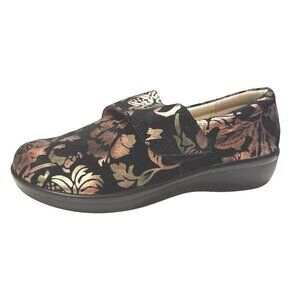 Alegria Lauryn Floral Mettalic Slip On Shoes Black Leather Copper Gold 8W-8.5W